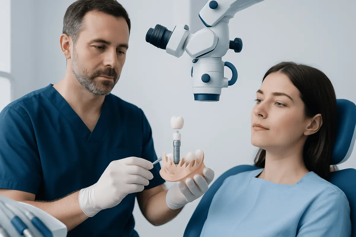 Dentist explaining dental crown placement on implant to patient in clinic.
