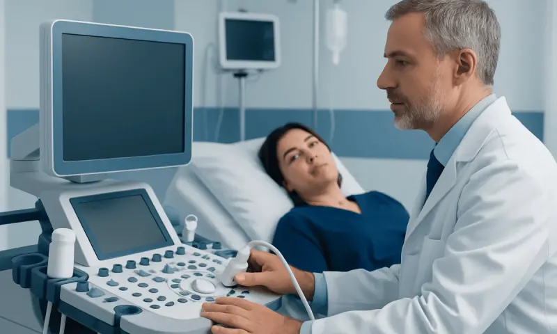 Doctor performing an ultrasound scan on a patient in a hospital room.