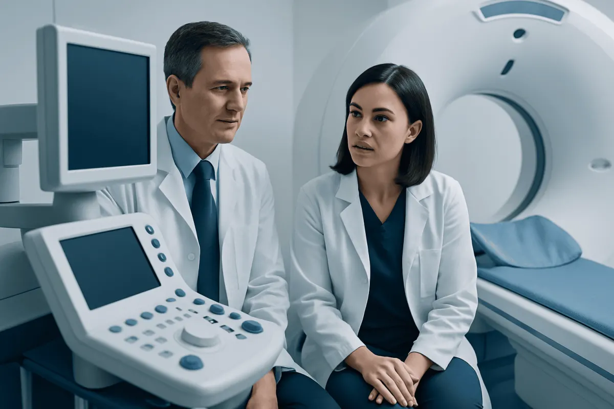 Medical professionals discussing patient care in a hospital MRI room.