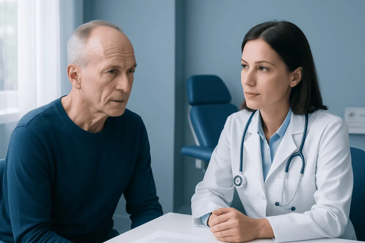 Doctor consulting with an elderly male patient in a medical office.