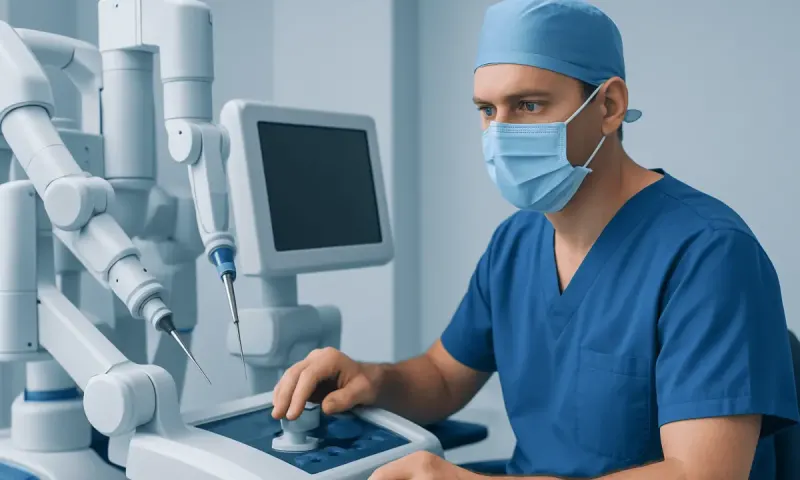 Surgeon operating advanced medical equipment in a hospital setting.