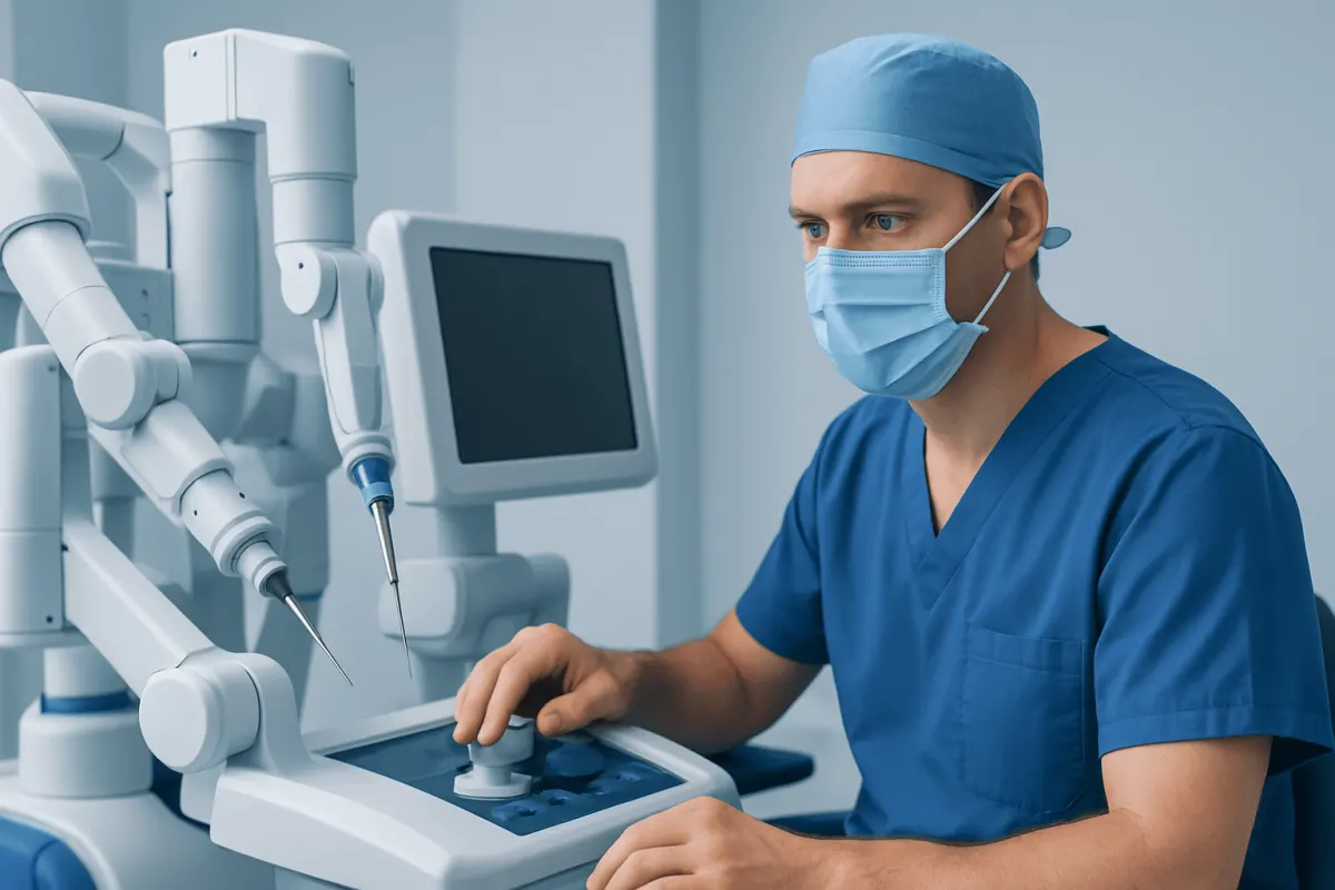 Surgeon operating advanced medical equipment in a hospital setting.