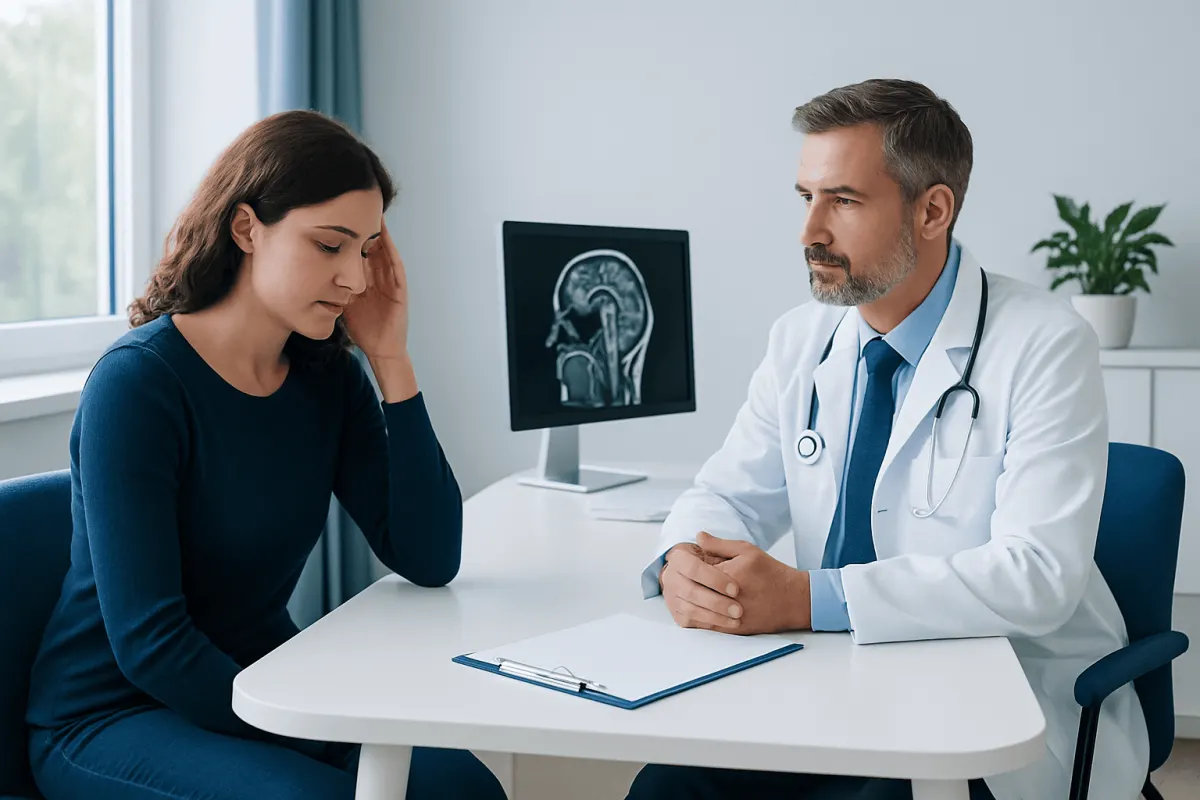 Doctor discussing migraine MRI results with patient in clinic.