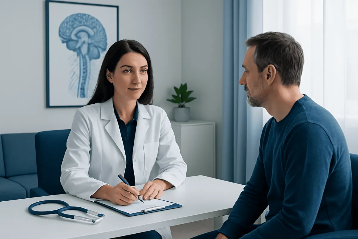 Doctor consulting with patient in a medical office setting.