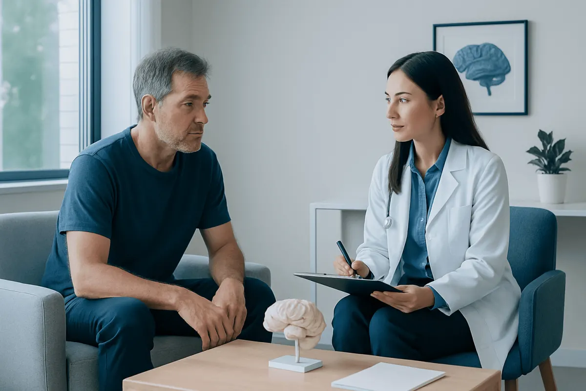 Doctor consulting with a patient about brain health and neuropsychological testing.