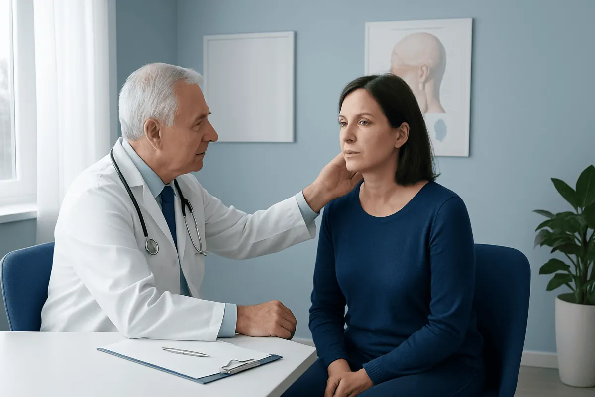 Doctor examining a woman's neck in a medical consultation room.