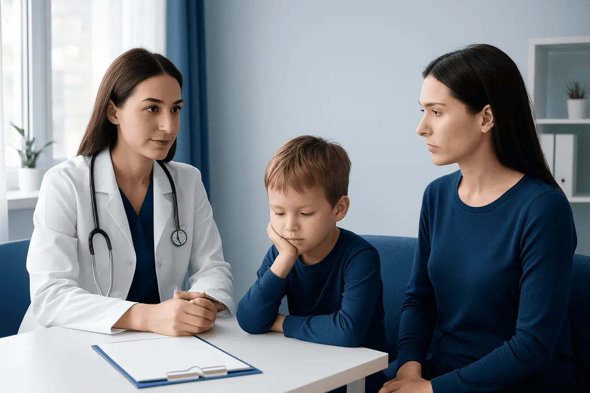 Doctor consulting with a mother and child about picky eating in children.
