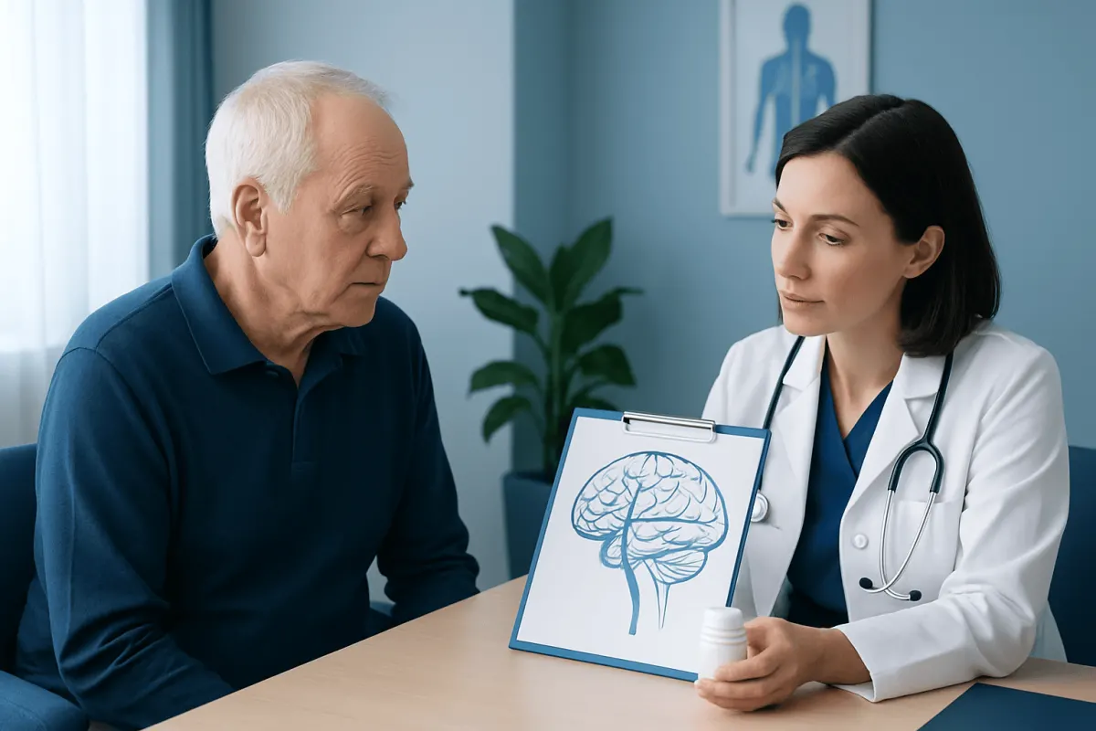 Doctor discussing brain health with an elderly patient in a medical office.