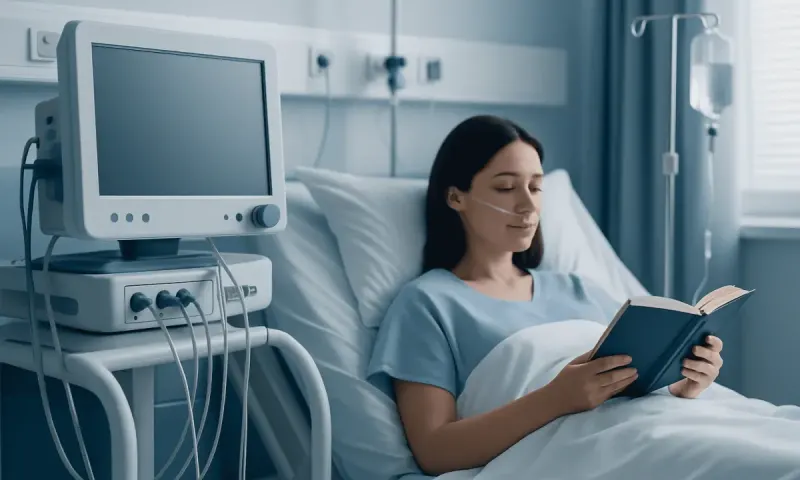 Young woman in hospital bed reading a book with medical equipment nearby.