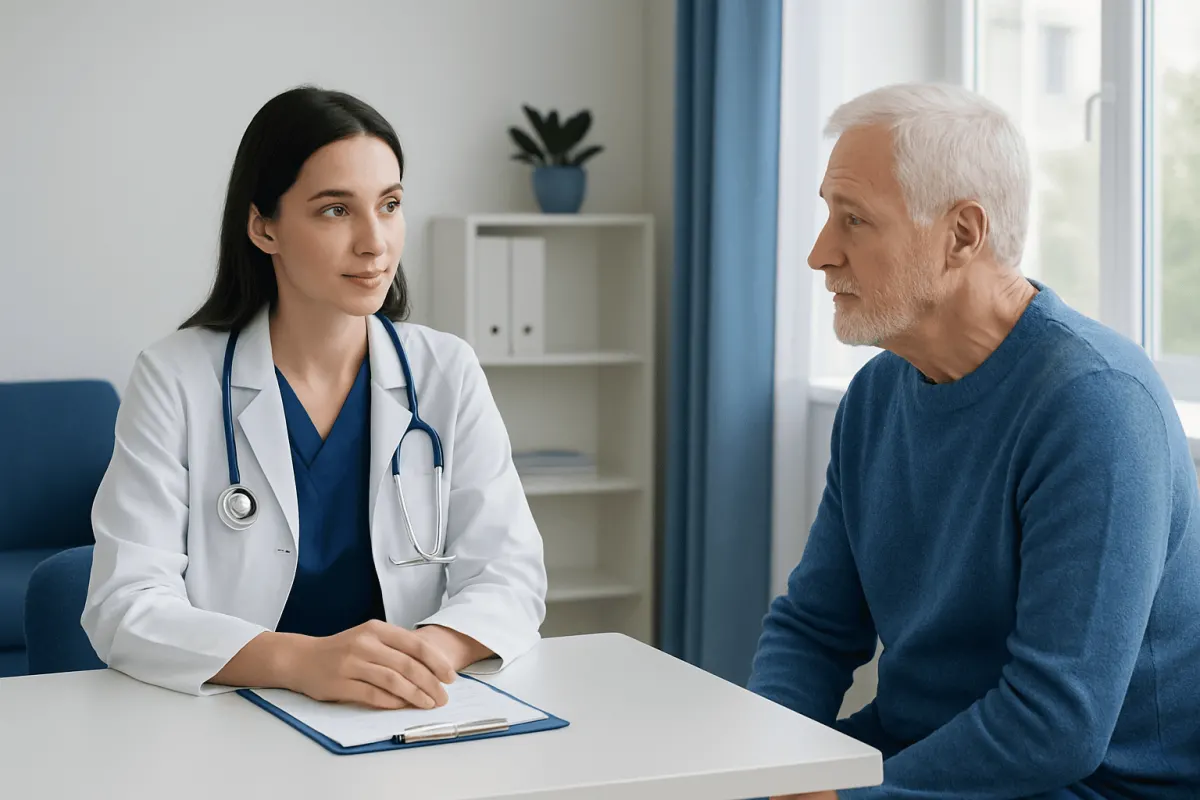 Doctor consulting with an elderly patient in a medical office.