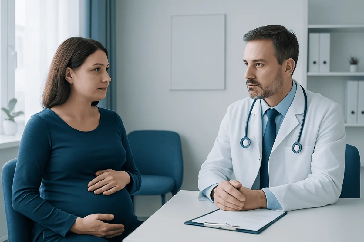 Pregnant woman consulting with a doctor in a medical office.