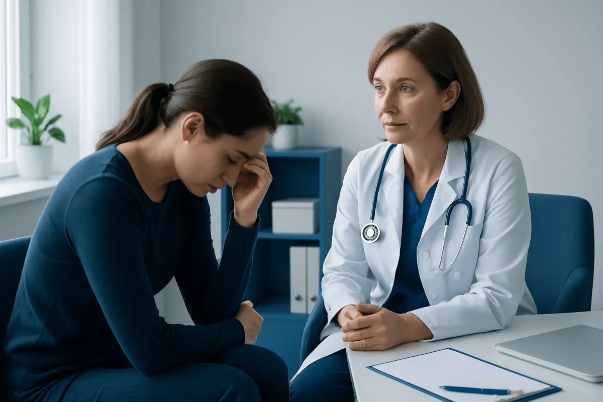 Doctor consulting with a patient about anxiety in a medical office.