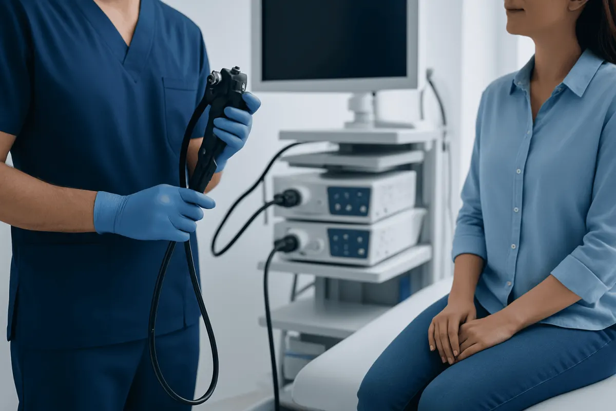 Endoscopy procedure being performed by a healthcare professional.