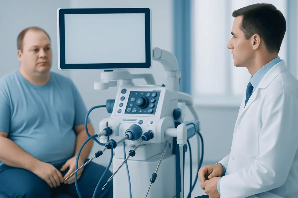 Doctor consulting with patient during a medical examination with ultrasound equipment.