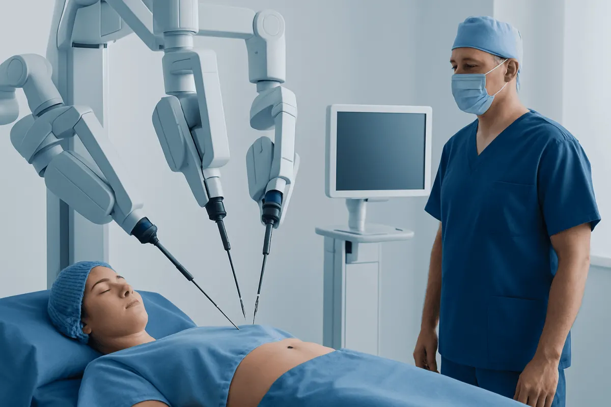 Robotic surgical system performing minimally invasive procedure on patient.