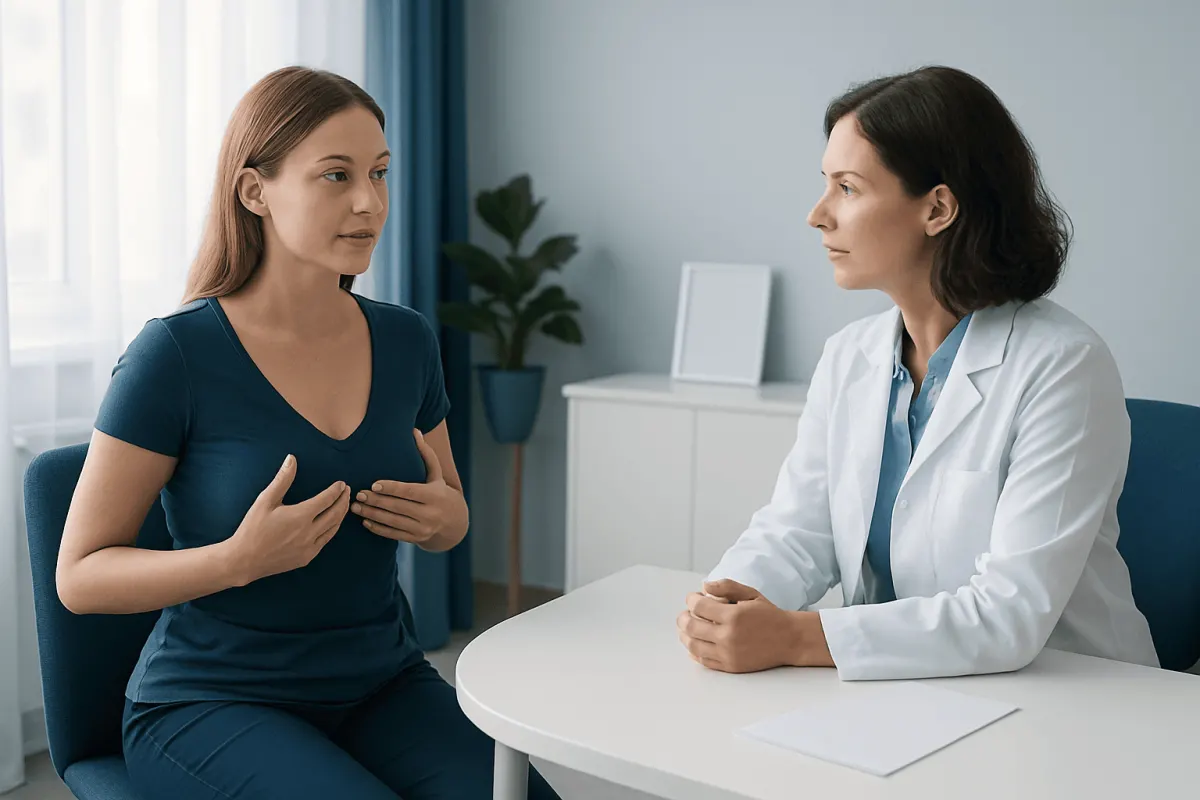Patient consulting with doctor about breast lift recovery at Acibadem Hospital.