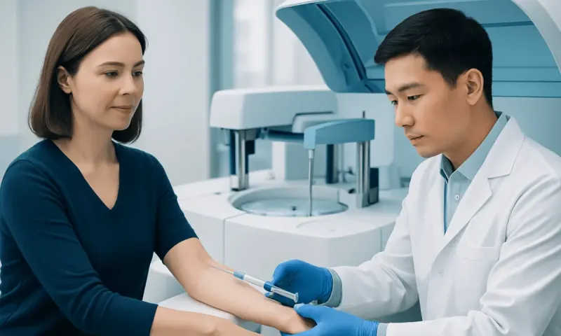 Medical professional drawing blood from a patient in a clinical setting.