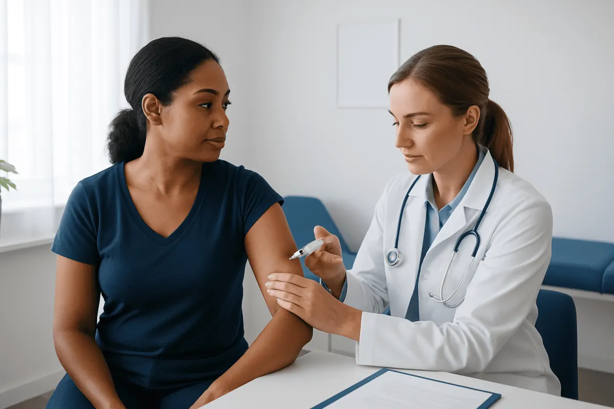 Doctor administering vaccine to patient in a clinical setting.