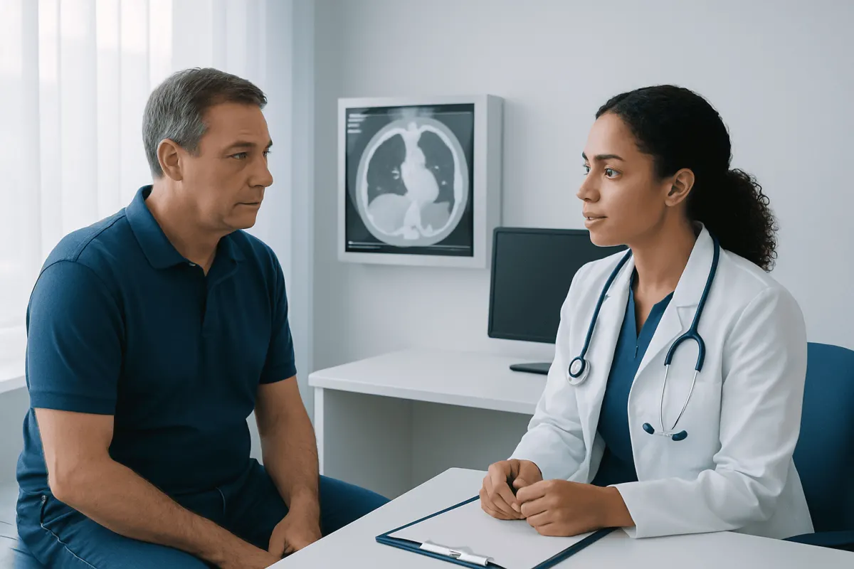 Doctor discussing medical scan results with patient in a clinical setting.