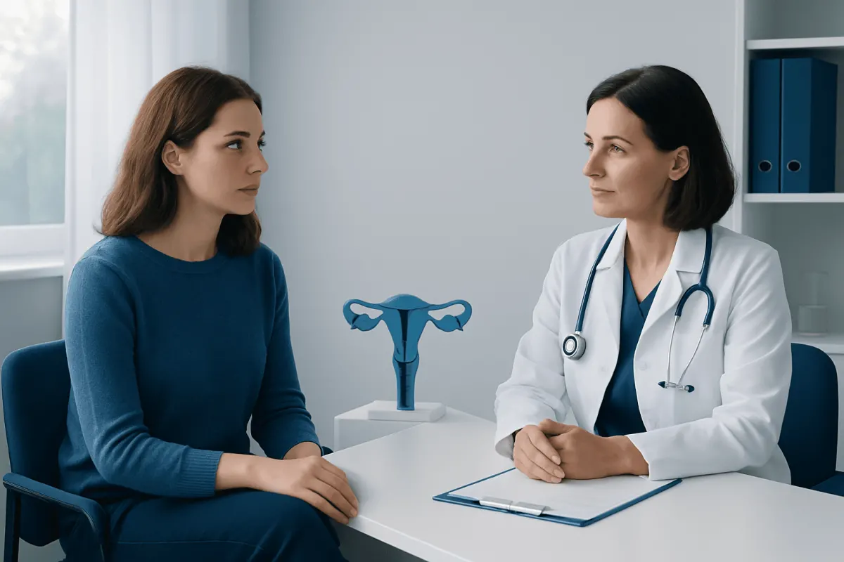 Gynecologist consulting with a patient in a medical office.