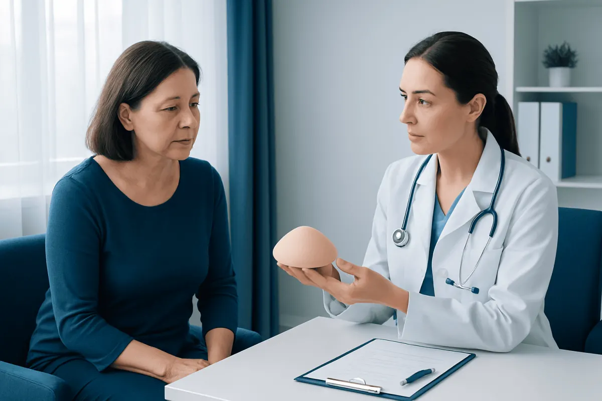 Doctor explaining breast reconstruction options to a patient in a consultation room.