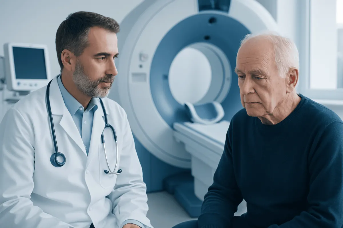 Doctor consulting elderly patient in MRI room at Acibadem Hospital.