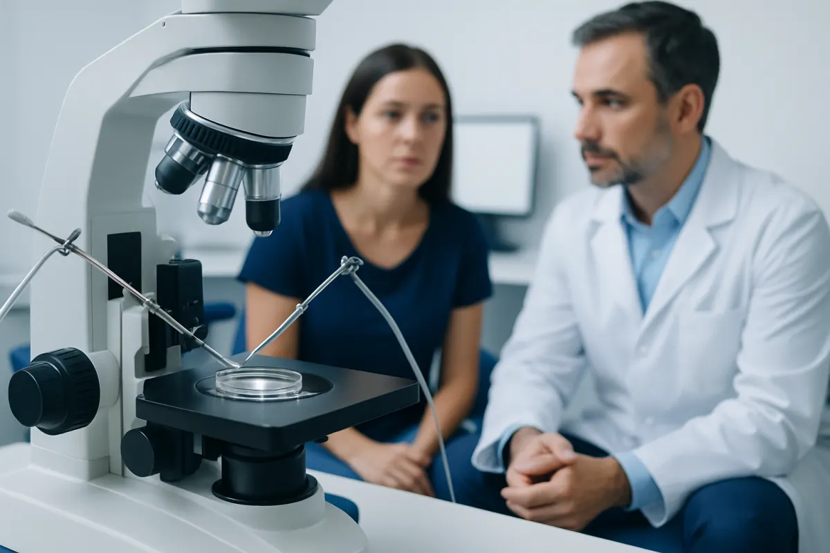 Fertility specialist consulting with a patient in a medical lab setting.