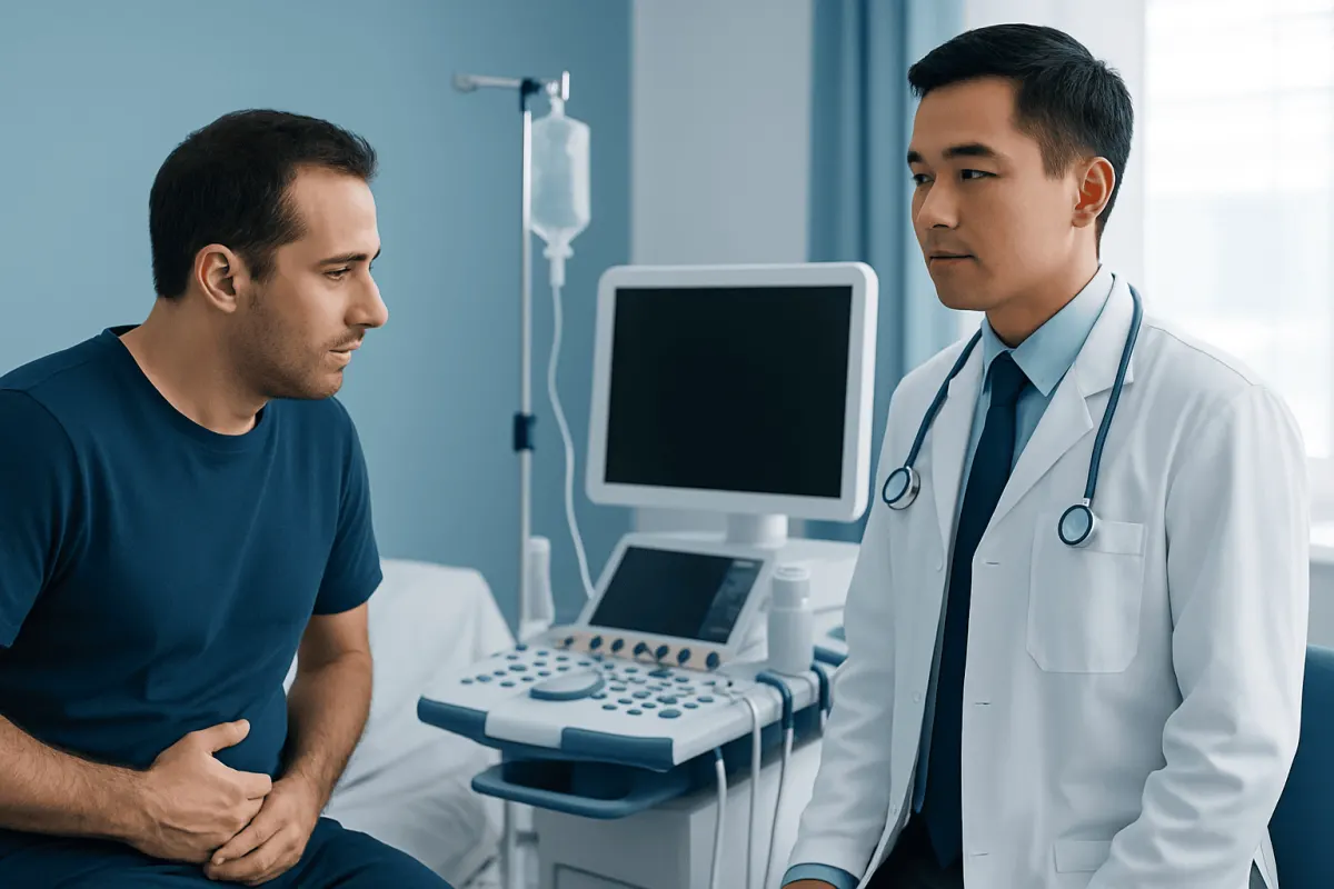 Doctor consulting patient in hospital room with medical equipment.