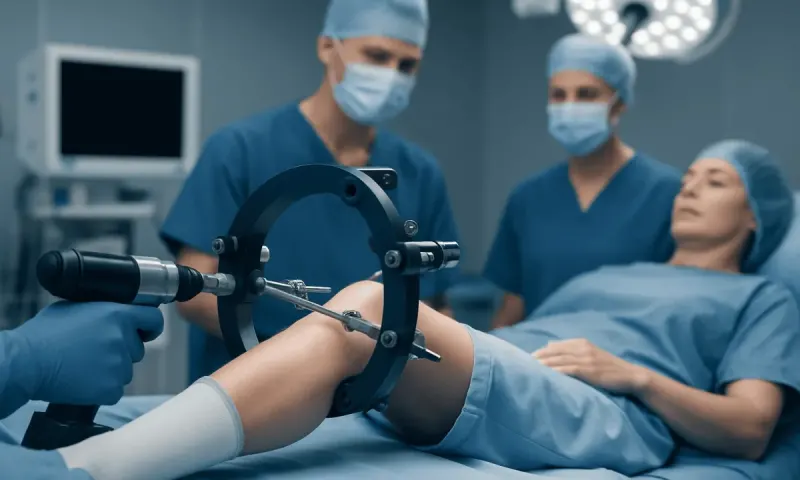 Orthopedic surgeons perform minimally invasive femur surgery in an operating room.