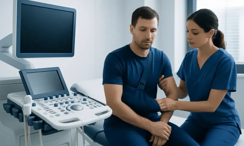 Doctor examines patient with shoulder injury in a medical clinic.