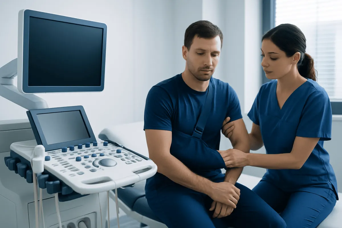 Doctor examines patient with shoulder injury in a medical clinic.
