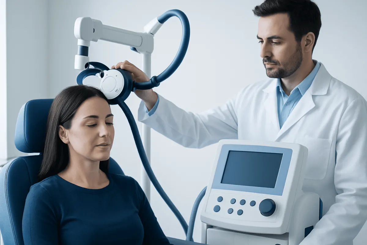 Doctor performing a brain scan on a patient in a medical facility.