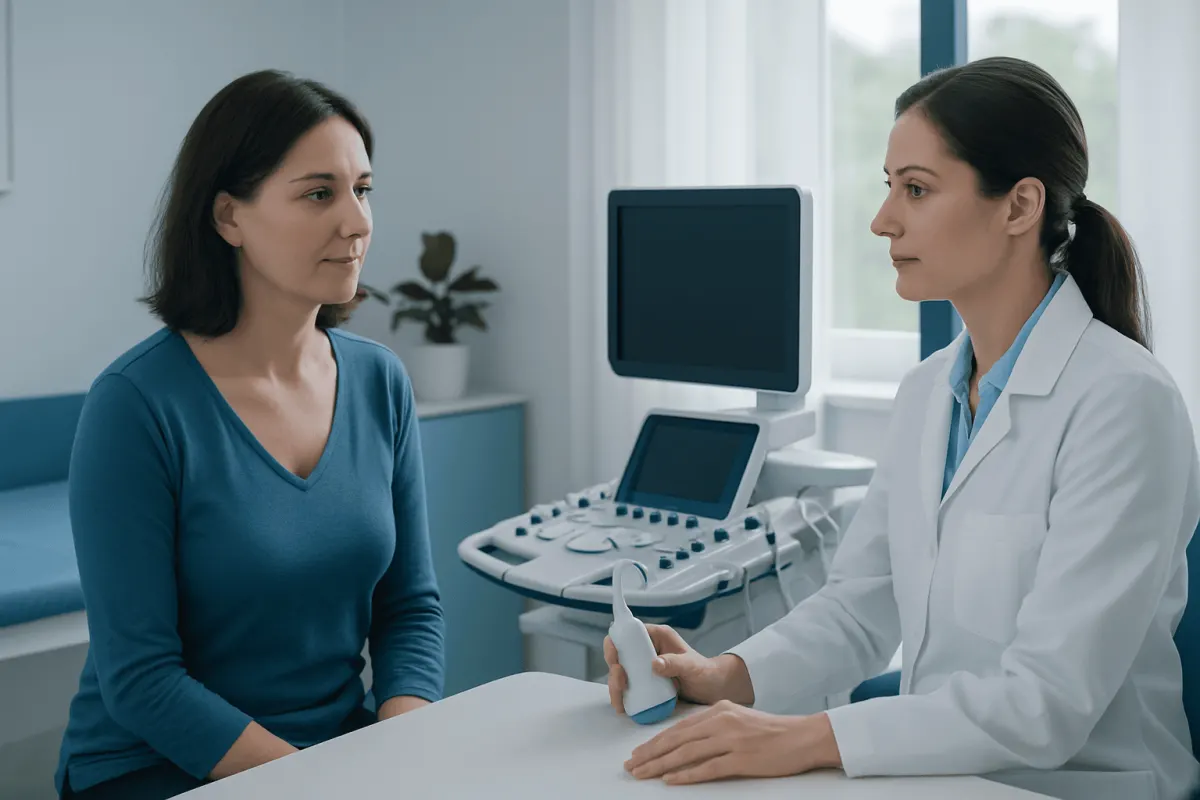 Doctor explaining breast ultrasound to a patient in a medical clinic.
