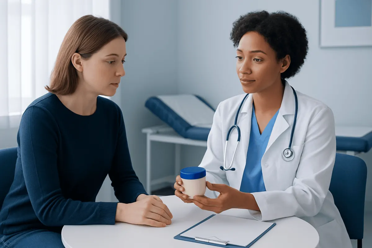 Doctor explaining skincare product to patient in clinic setting.
