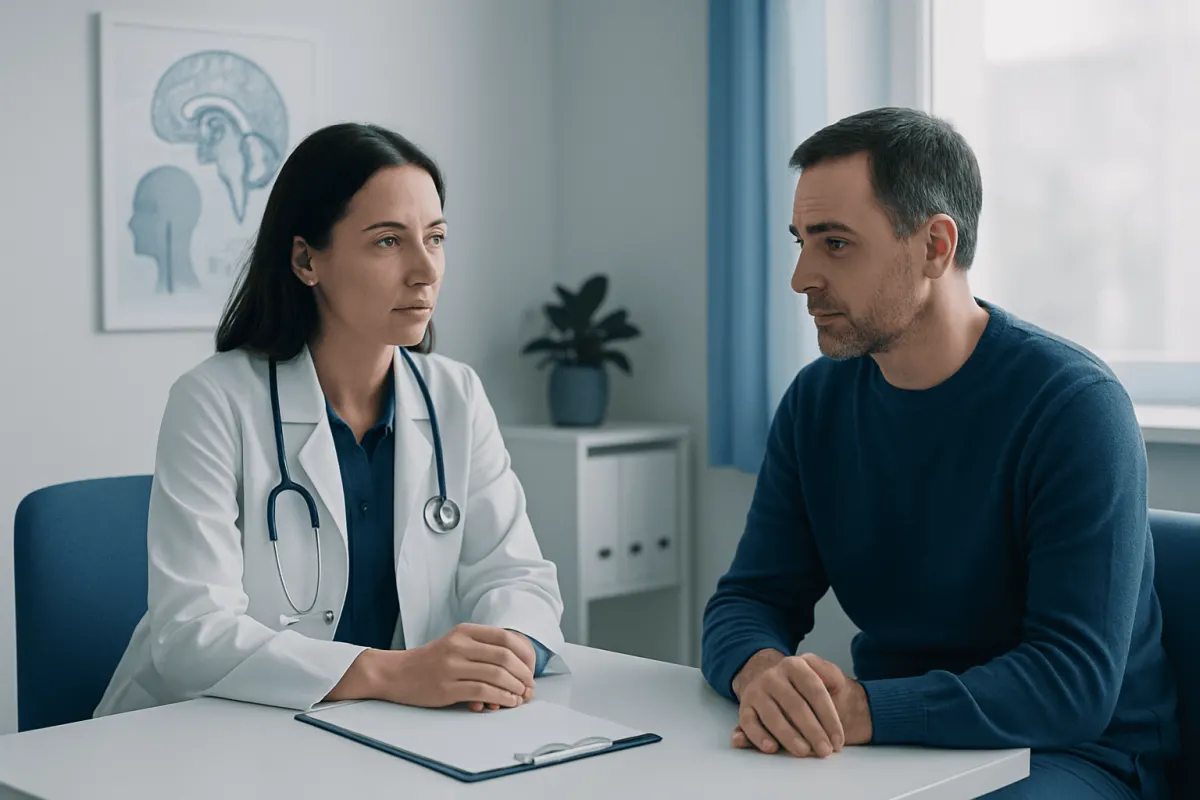 Doctor consulting with patient in a medical office setting.