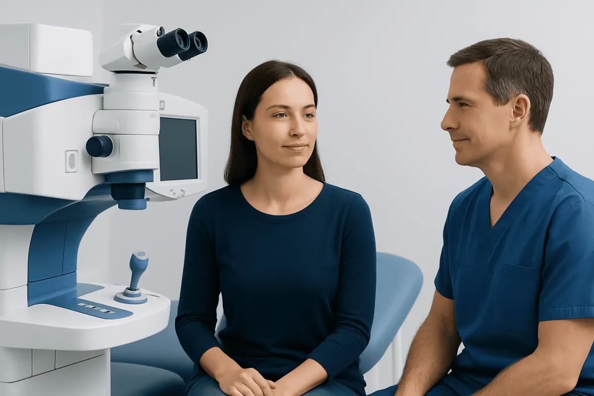 Ophthalmologist consulting with a patient in a modern clinic setting.