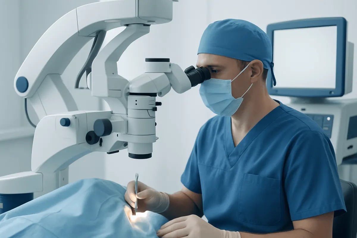 Surgeon performing eye surgery with advanced microscope in hospital.