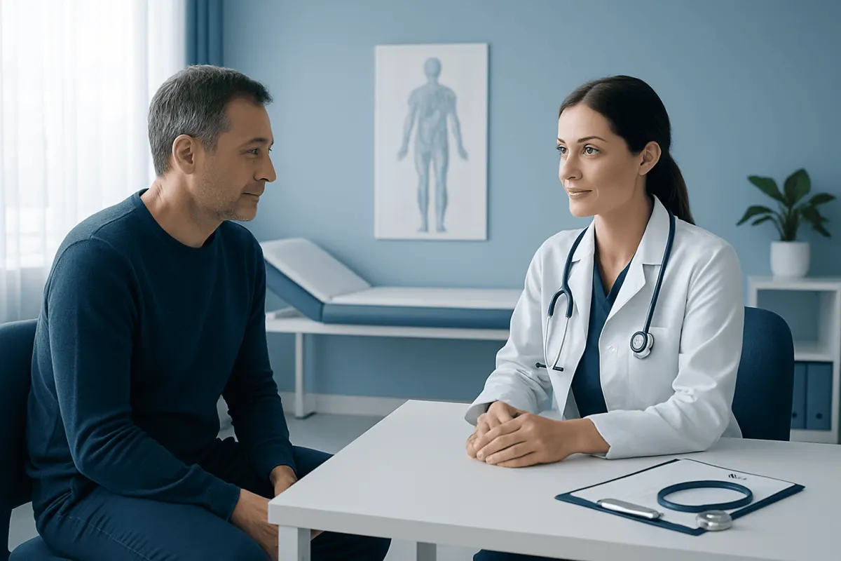 Doctor consulting with male patient in a medical office setting.