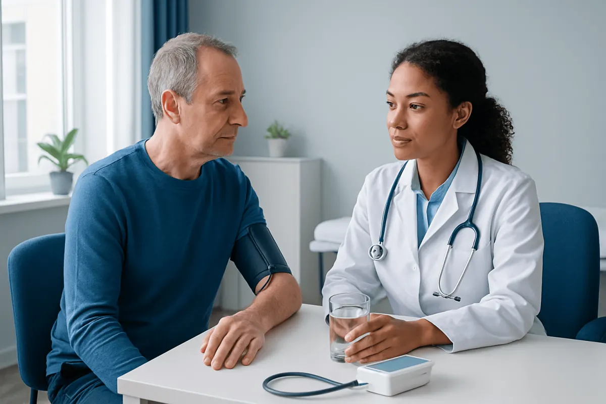 Doctor consulting with middle-aged male patient about blood pressure health.