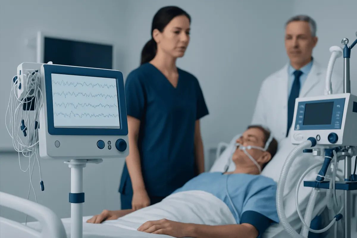 Medical team monitoring a patient with EEG equipment in hospital.