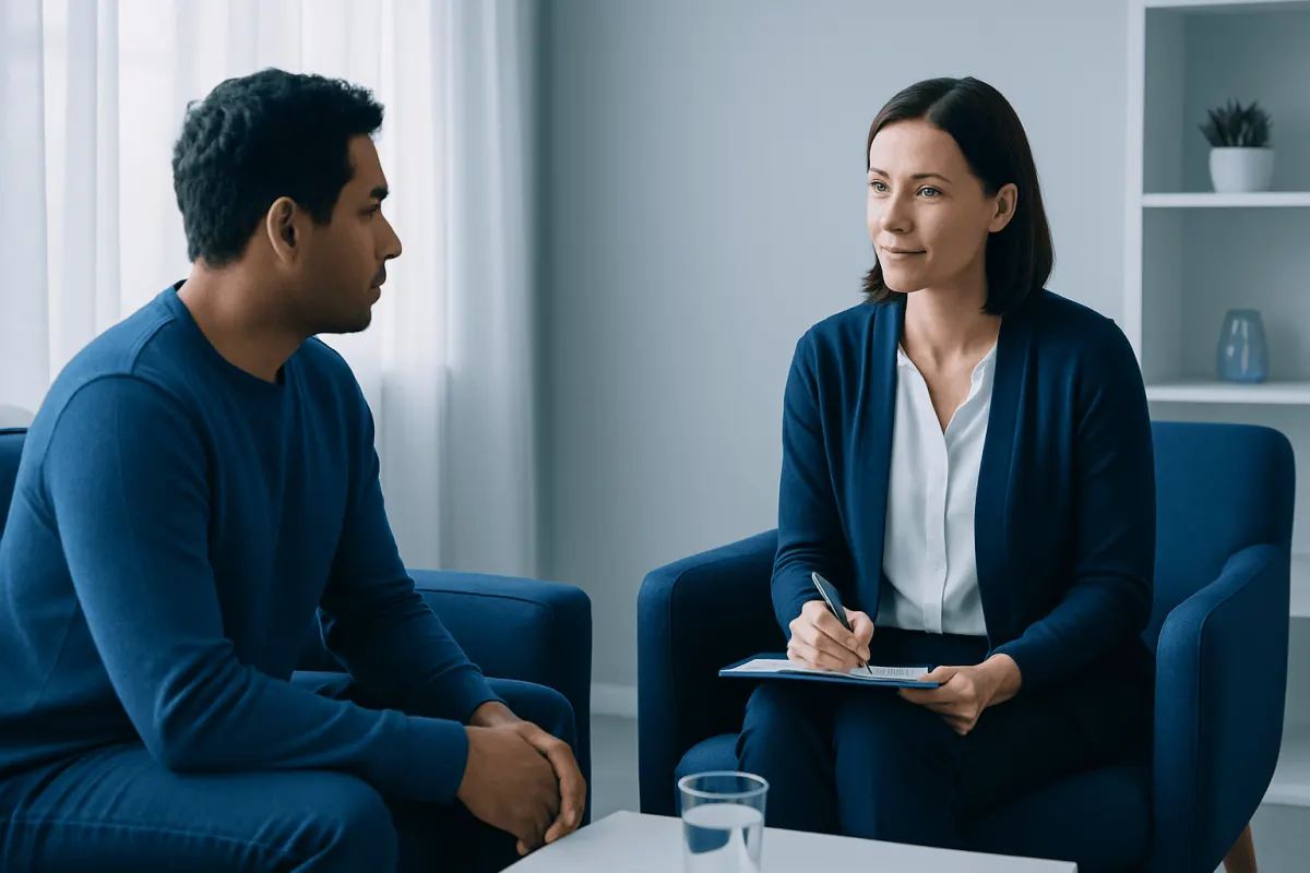Therapist and patient in a counseling session at Acibadem Hospitals Group.