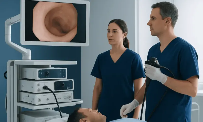 Medical professionals performing an endoscopy procedure in a hospital setting.