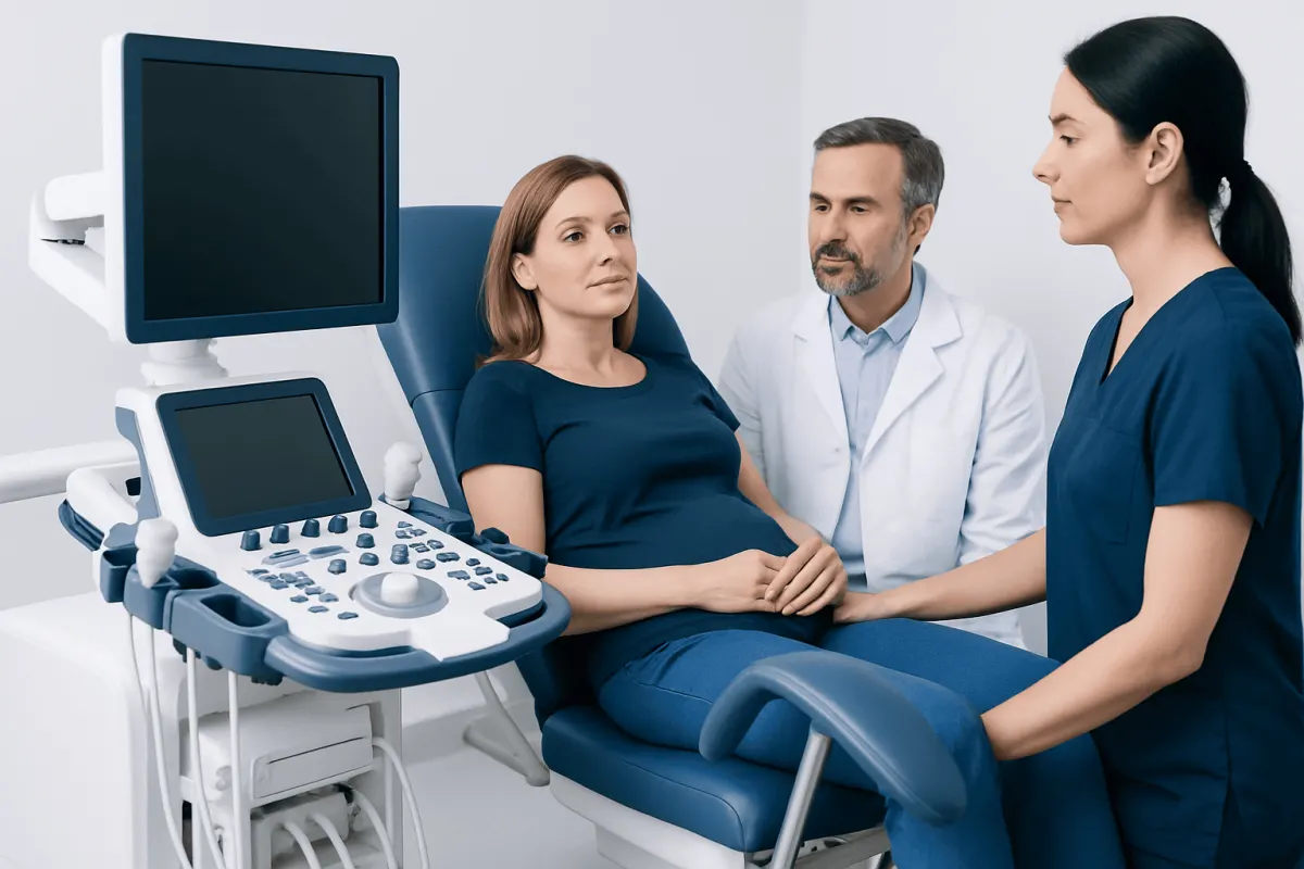 Medical consultation with ultrasound equipment at Acibadem Hospital.