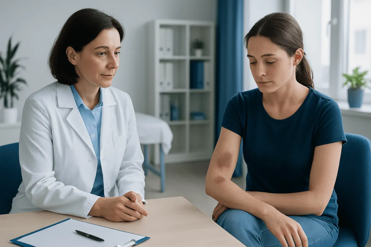 Young woman with bruises on her arm consulting a doctor in a clinic.