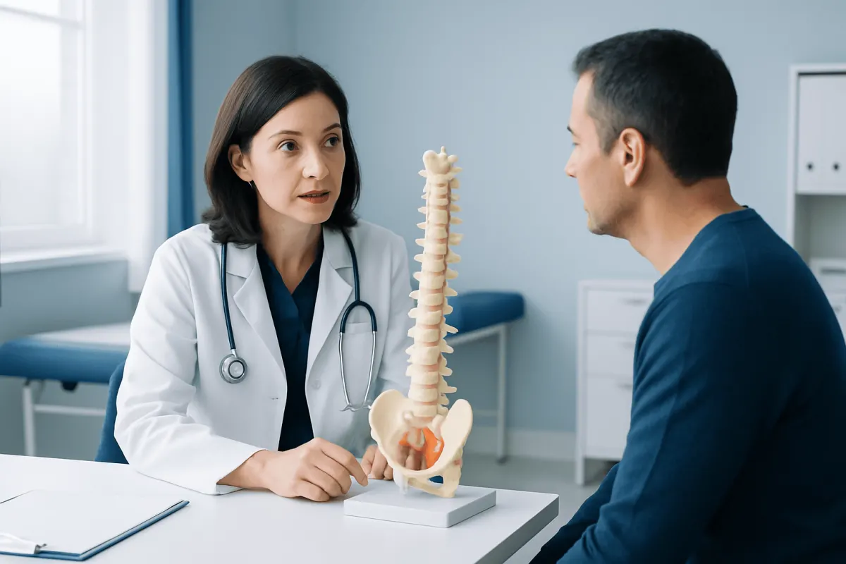 Doctor explaining spinal anatomy to patient in consultation room.