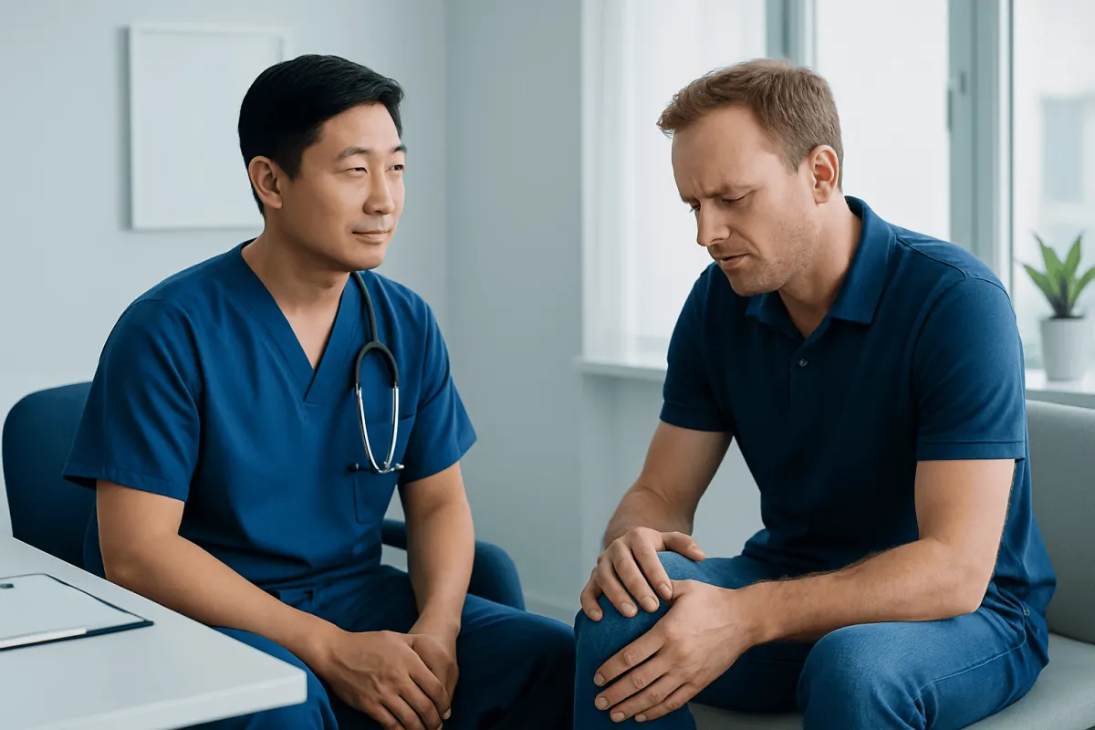 Doctor consulting with patient about knee pain and injury.