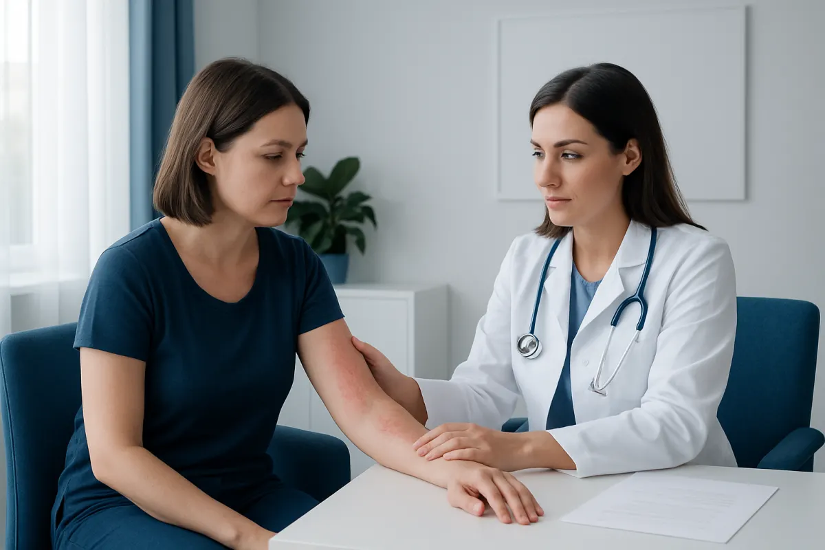 Doctor examining patient's arm for skin condition at clinic.