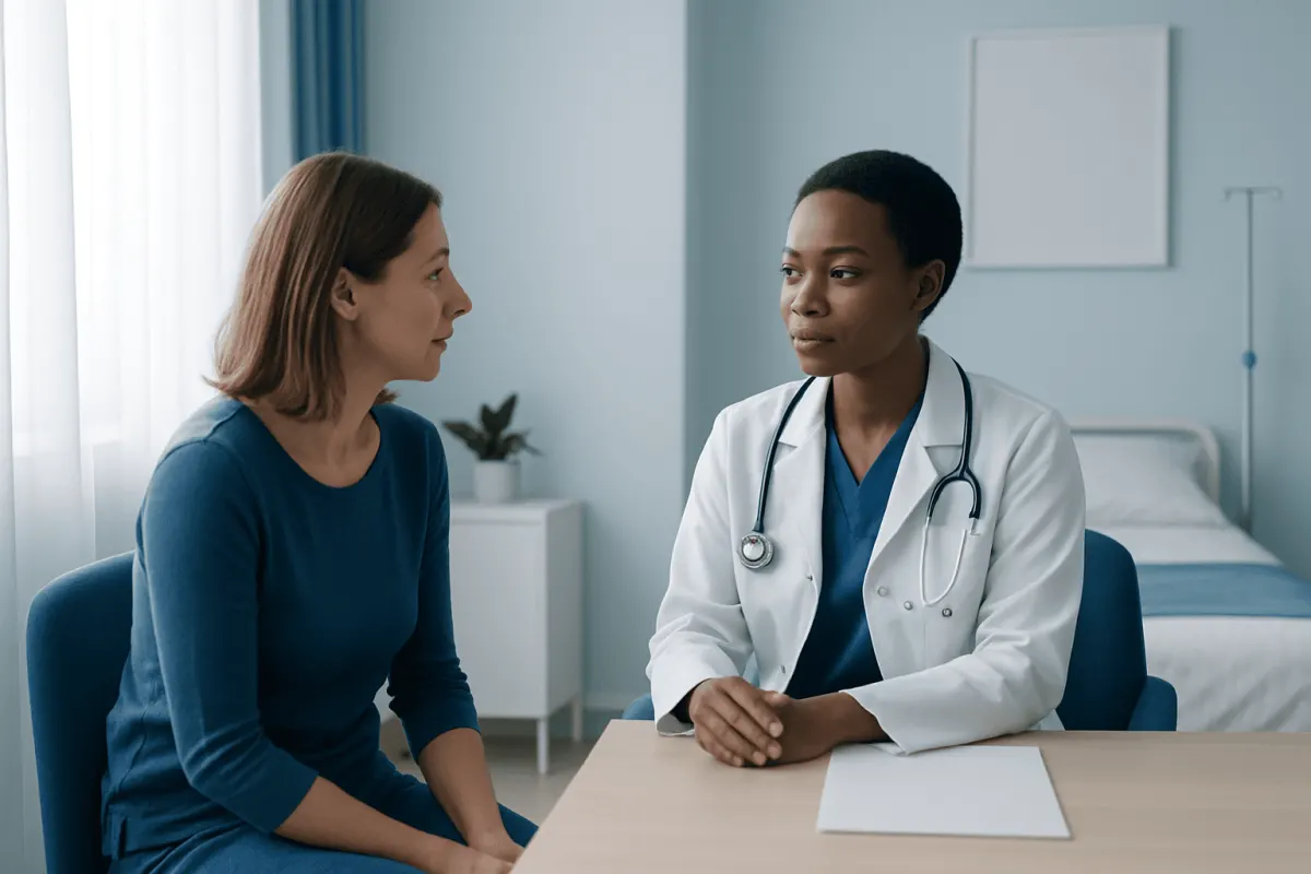 Doctor consulting with a patient in a hospital room.