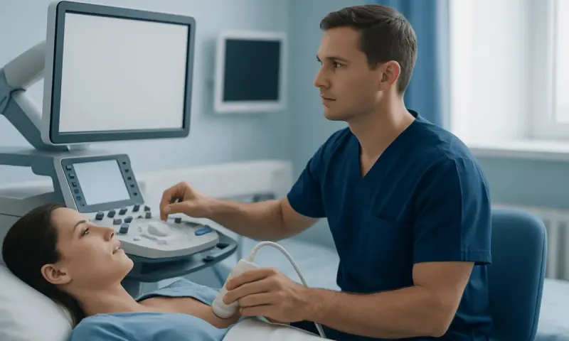 Doctor performing an ultrasound on a patient in a hospital room.