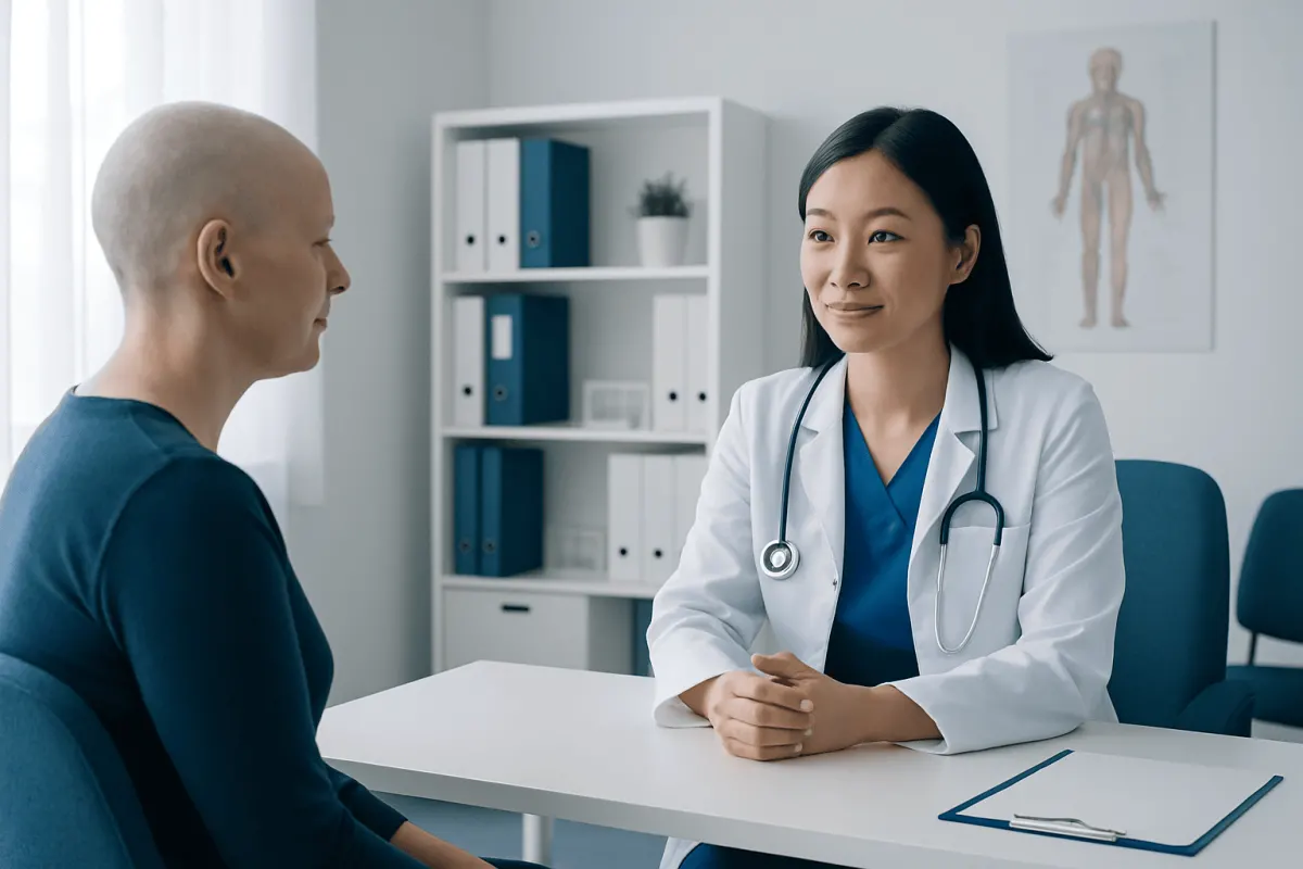 Doctor consulting patient in a modern medical office setting.